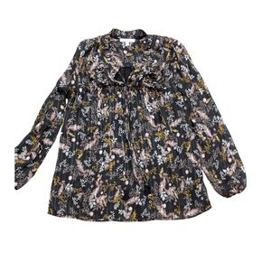 Pale Sky Womens Medium Floral Feather Print Ruffle Tie Neck Blouse Black Pink